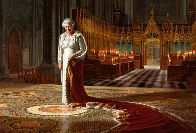 A painted portrait of Elizabeth II by Ralph Heimans, showing Queen Elizabeth II wearing her State dress and robe and standing on the Cosmati Pavement in Westminster Abbey.
