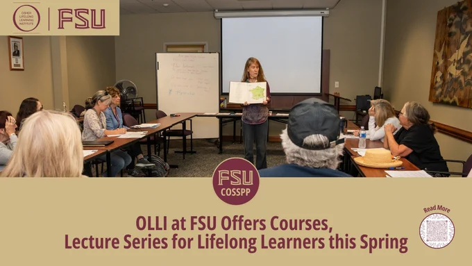 "OLLI at FSU Offers Courses, Lecture Series for Lifelong Learners this Spring" and a photo of OLLI at FSU students attend a French class. (OLLI at FSU)