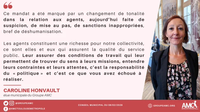 Extrait du discours de Caroline Honvault : "Ce mandat a été marqué par un changement de tonalité dans la relation aux agents, aujourd’hui faite de suspicion, de mise au pas, de sanctions inappropriées, bref de déshumanisation. 

Les agents constituent une richesse pour notre collectivité, ce sont elles et eux qui assurent la qualité du service public. Leur assurer des conditions de travail qui leur permettent de trouver du sens à leurs missions, entendre leurs contraintes et leurs attentes, c’est la responsabilité du « politique » et c’est ce que vous avez échoué à réaliser. "