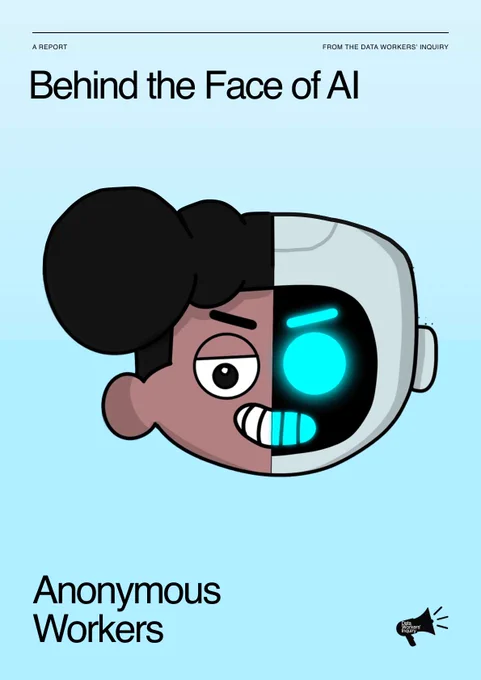 Illustrated cover image titled “Behind the Face of AI,” showing a split face: one half is a tired human with a worried expression, the other half is a glowing robot face. The contrast suggests a human hidden behind an artificial intelligence persona, set against a blue comic-style background.