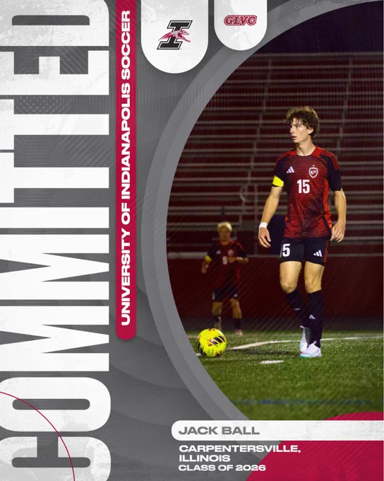 Graphic outlining the announcement of Jack ball as a new defender for the university of Indianapolis men’s soccer team.