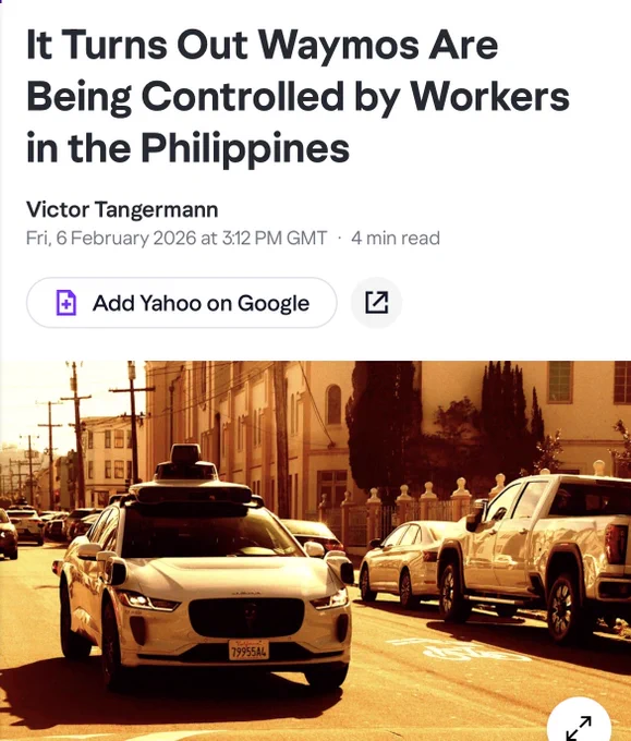 Headline about Waymo cars controlled by Filipino remote operators with a photo of a white autonomous Jaguar I-PACE driving on a sunlit city street.