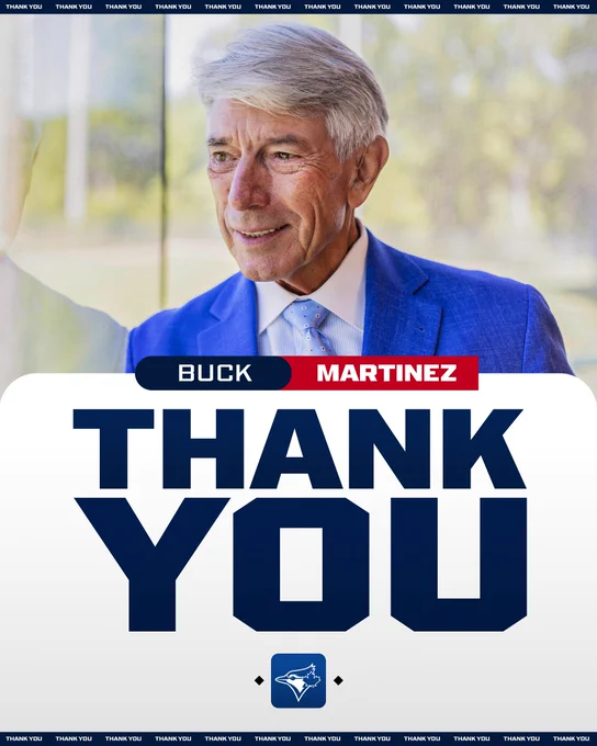 Thank You Buck Martinez
Toronto Blue Jays
Pictured: Buck Martinez looks out a window while wearing a blue suit, white dress shirt and light blue tie. His reflection can also be seen on the window.