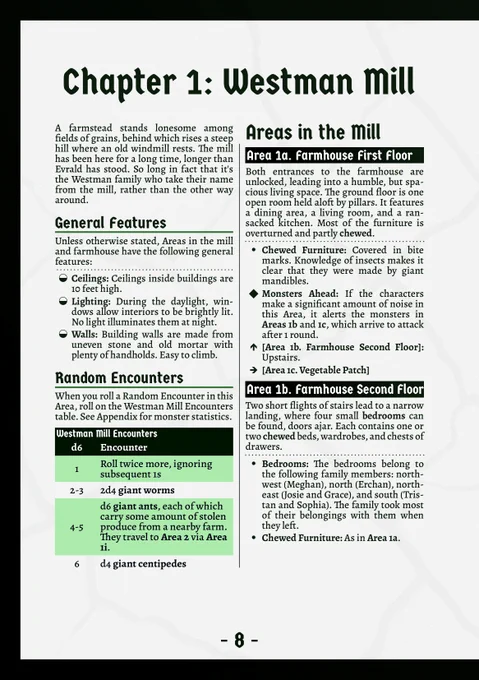 The first page of chapter 1 in Rise of the Mole Men. It details Areas 1a and 1b, including General Features and Random Encounter tables for the area