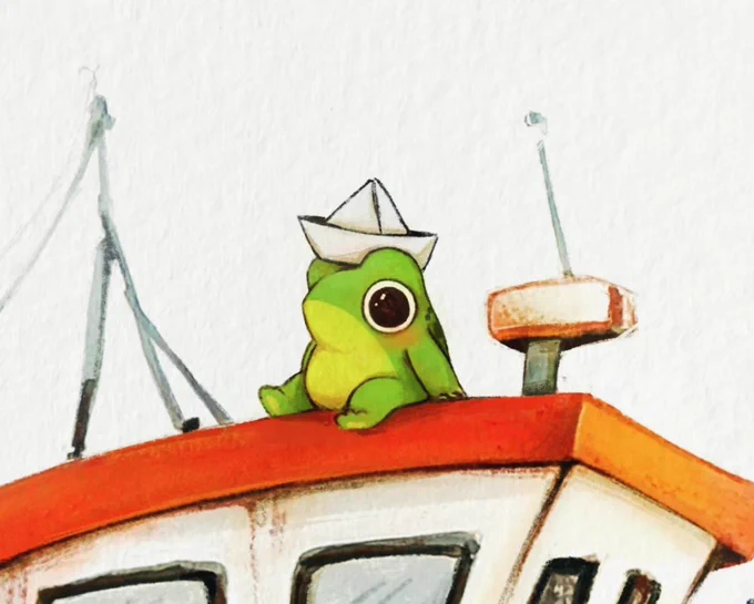 tiny frog chilling wearing a paper sailor hat sitting on a boat cute frog illustration by chetom