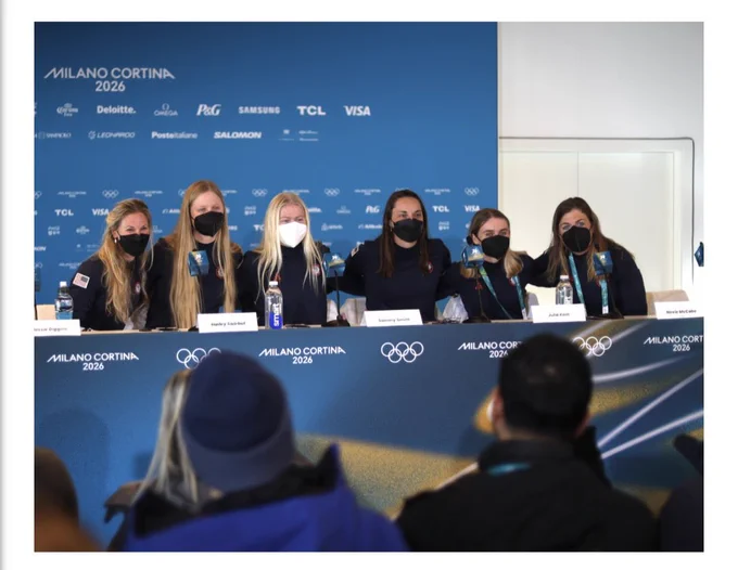 Image of women’s Olympic ski team all wearing kn95 masks