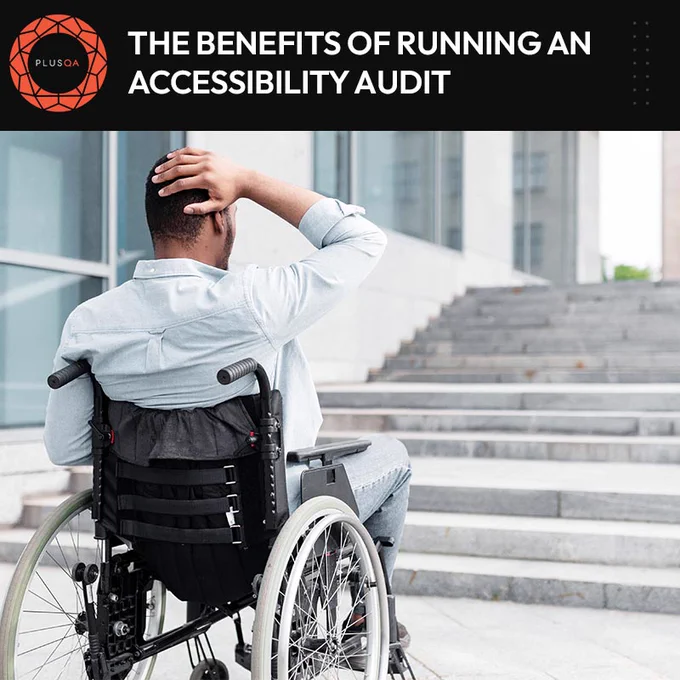 Frustrated man in wheelchair in front of inaccessible staircase.
