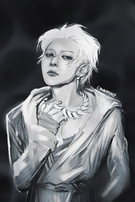 ateez yeosang half-body drawing; blonde hair, overcoat, lip ring, spiky necklace and nail earring