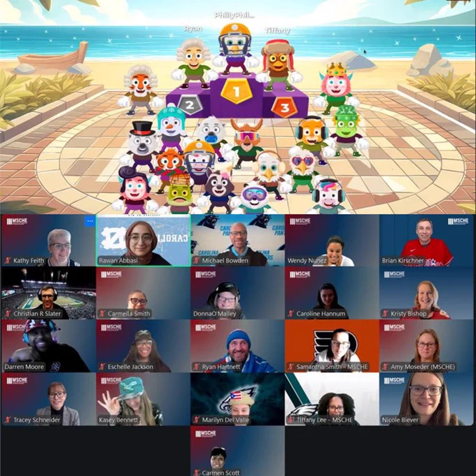 Two images split on one graphic. On the top half, a group of cartoon characters stand on a beach with a podium in the center showing first, second, and third place winners. On the bottom half, a grid of 24 video conference participants, many wearing sports-themed attire, including Carolina Panthers and Philadelphia Eagles logos.