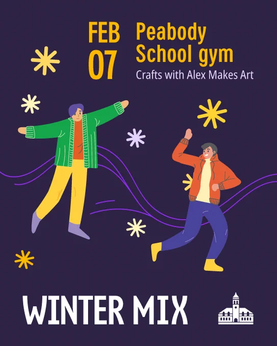 Illustration of two active people wearing sweaters. The background includes twinkling lights and the date for the Winter Mix event. The City of Cambridge's logo, a white graphic of the city hall, is featured in the bottom right corner. 