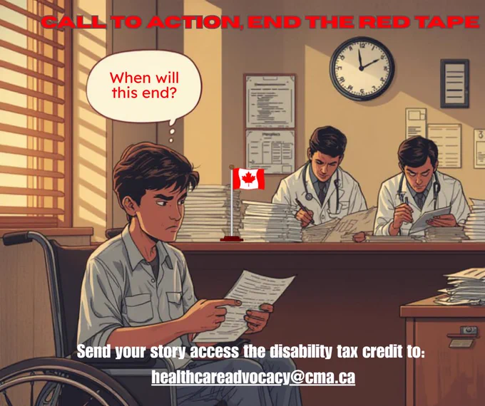 A young man in a wheelchair, wearing a gray button shirt and gray slacks holds a form and glares at the clock while doctors fill out forms sitting at a desk, buried in paperwork unable to help see patients
