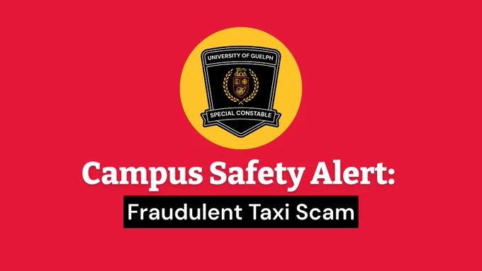 Red background with a yellow circle featuring the University of Guelph Special Constable badge. Text reads, "Campus Safety Alert: Fraudulent Taxi Scam."
