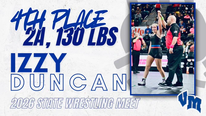 Wrestler Izzy Duncan celebrating with referee raising her hand after placing 4th at 130 lbs in 2026 state wrestling meet.