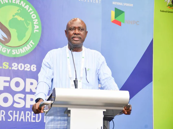 Honourable Minister of State Petroleum Resources (Oil) Sen. Heineken Lokpobiri making his closing remarks at the just concluded NIES 2026 that took place in Abuja.