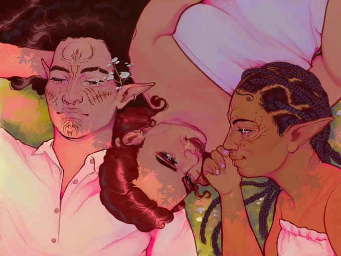 Digital illustration of original character Elio Lavellan, Lyaela Cadash and Núbia Lavellan. The characters are lying down on gthe rass, all dressed in white under the shadow of a tree.

Elio is pictured on the left side of the canvas. His head is propped on his right hand. The character has his eyes closed as if he's asleep.

Lyaela is pictured in the center of the canvas. Her head is propped on Elio's shoulder, and she's looking to her right, smiling at Núbia.

Núbia is pictured on the right side of the canvas. She has her head propped on Lyaela's shoulder, her whole body is turned to her companions. SHe's smiling at Lyaela.