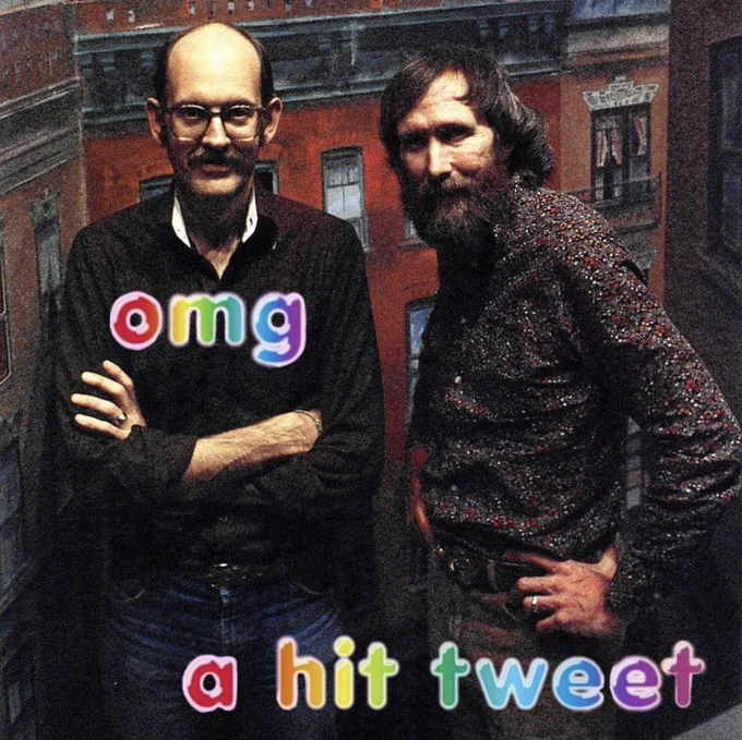 A picture of Frank Oz and Jim Henson with the words “omg a hit tweet” written in rainbow font