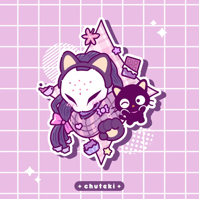 Chibi illustration of Ramattra (Overwatch) and Chococat (Sanrio)