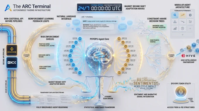 "Promotional artwork for Agent Arc showing trading command center with PSYOPS agent core neural network, 20 long 20 short position nodes, statistical arbitrage equilibrium scales, Arc Terminal natural language interface, 24/7 uptime clock, non-custodial API pipelines to Binance OKX, risk enforcement shields with position sizing leverage caps, constraint-aware decision trees, transparent reasoning streams, reinforcement learning feedback loops, market regime adaptation, sentiment signal integration, modular agent slots, Hive Intelligence partnership, $PSYOPS token utility, white blue color scheme with gold accents"