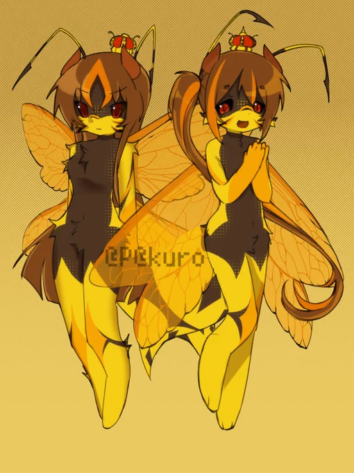 Wasp Queen Concept Art by Pekuro aka P4kuro aka Keiruko aka Keii
Two Wasp People hybrids, with large wings, fluffy fuzz, and a large abdomen and stinger. 