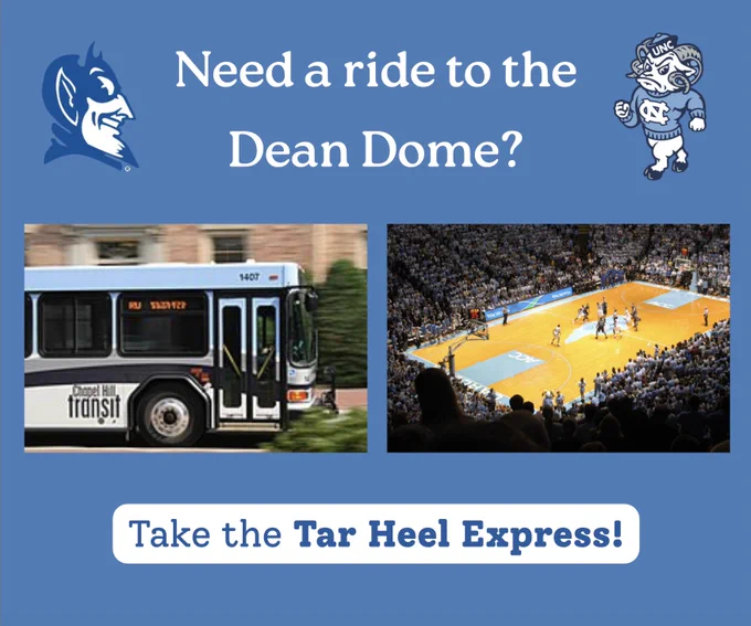 Chapel Hill Transit bus and packed basketball game at Dean Dome promoting Tar Heel Express shuttle service.