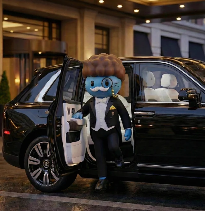 Stylized blue character in a formal black tuxedo stepping out of a luxury black limousine in front of an illuminated hotel entrance at night. The car door is open, revealing a light-colored leather interior.”