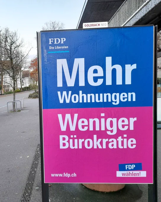 Ein Wahlplakat der Freien Demokratischen Partei (FDP), das Themen wie mehr Wohnungen und eine Reduzierung der Bürokratie bewirbt.
