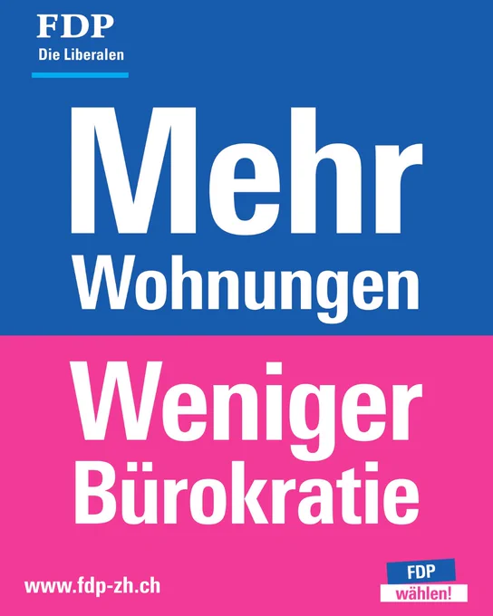 Ein Wahlplakat der Freien Demokratischen Partei (FDP), das den Text "Mehr Wohnungen, Weniger Bürokratie" zusammen mit dem Logo der Partei zeigt.