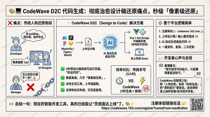 💻 最近我彻底被一个痛点治愈了：Figma 一堆设计稿摆在那，就是没人能 100% 还原出来。

前端在那改 padding、改比例、调组件命名，

UI 在那喊像素偏差 1px。

最后页面上线，还TMD嘀咕——“怎么和设计稿不一样？” 🤦

直到我试了网易智企旗下的 CodeWave，它新出的 D2C （Design to Code）功能，直接把我从“设计转代码炼狱”里救出来。

✅ 3秒把设计稿转成可运行页面，真的是“秒出代码”
✅ 精度高到离谱，几乎达到了「像素级还原」
✅ 支持主流设计工具（MasterGo / Figma / Sketch），上传就能跑
✅ 支持响应式布局、交互层复原，完全能线上快速 demo

我用它把一张 Figma 的中后台页面稿扔进去，3 秒生成 Vue   Ant Design 可编辑页面，响应式布局都带上了。

对比传统手写前端——我之前要搞 5 小时，它 3 秒生成，再手动调一点，完事。

⚙️ 整个平台逻辑简单：
- 注册体验（🔗见下方）
- 上传设计稿 或 输入需求描述
- AI 自动生成成品代码
- 一键发布、复用、二次定制

💬 实际体验下来，我最惊讶的是它真懂开发者的痛：
“有时候我并不缺写代码的能力，我只是懒得做低价值的重复造轮子。”

CodeWave 用 AI 做了件极聪明的事： 把「人肉还原」变成「秒级生成」；

适合哪些人？
想快速把设计稿上线的开发者

👀 总结一句：
CodeWave 不是要替代开发者，而是把“烦的部分”都拿走。

注册体验链接在这 👉 https://codewave.163.com/register?comeFrom=navButton

有图、有代码、有还原度——现在的智能开发工具，真的已经能让“灵感直达上线”了。 🎨⚡