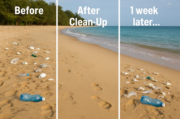 Three side-by-side images of the same beach: first covered with plastic waste, second clean after a cleanup, third showing new plastic waste washed ashore one week later.