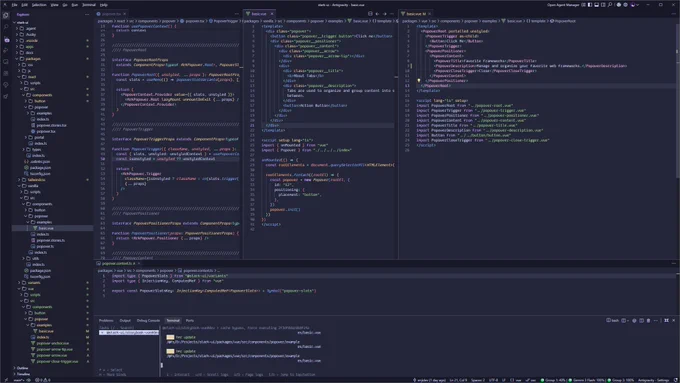 IDE screenshot showing Stark UI's React, Vue, and Vanilla examples.