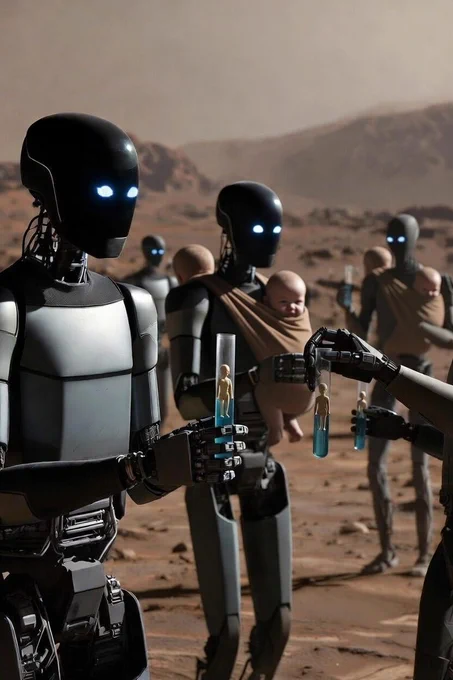 Tesla robots raising test tube babies in a Martian nursery.