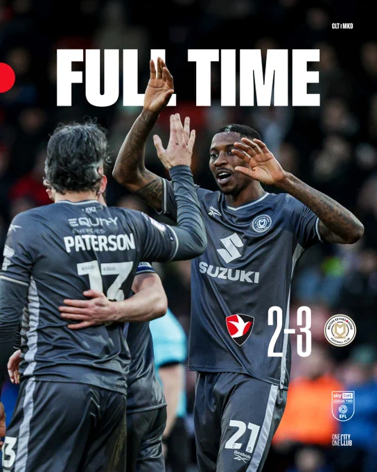 Full-time graphic featuring an image of Marvin Ekpiteta. Cheltenham 2-3 MK Dons.