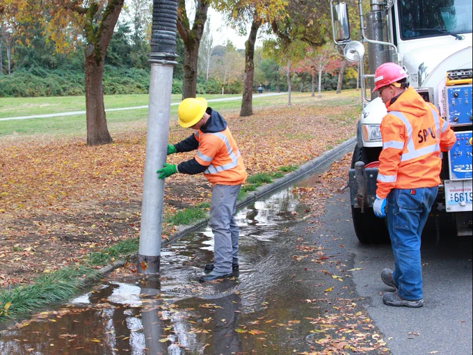 Two Seattle Public Utilities workers wearing orange safety jackets, gloves, and hard hats operate a large vacuum hose connected to a utility truck to remove standing water and debris from a curbside drain along a tree-lined street covered with fall leaves.