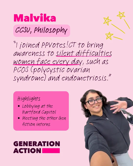 The image shows a person taking a selfie with text about joining PPVotes!CT to raise awareness of health issues such as PCOS and endometriosis. Highlights include lobbying at the Hartford Capitol and meeting other Generation Action interns. The background is pink with decorative stars.