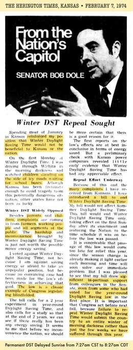 Newspaper clipping from 1974 February 7. Published in “The Herington Times” of Kansas. Article is topped with a photograph of Senator Bob Dole. Headline reads “From the Nation’s Capitol, Senator Bob Dole: Winter DST Repeal Sought”.