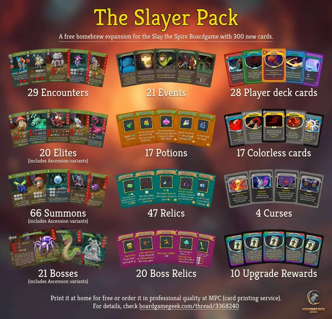 An Overview of the content of the Slayer Pack - a free homebrew expansion for the Slay the Spire boardgame with 300 new cards.