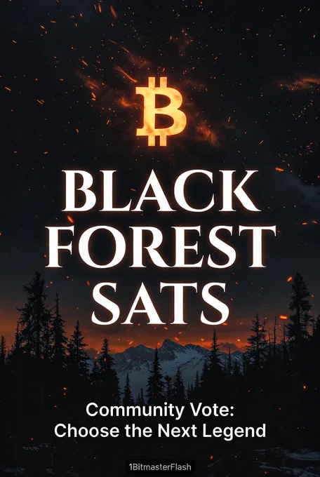 Black Forest Sats logo cover with fiery Bitcoin symbol, forest silhouette, and community vote