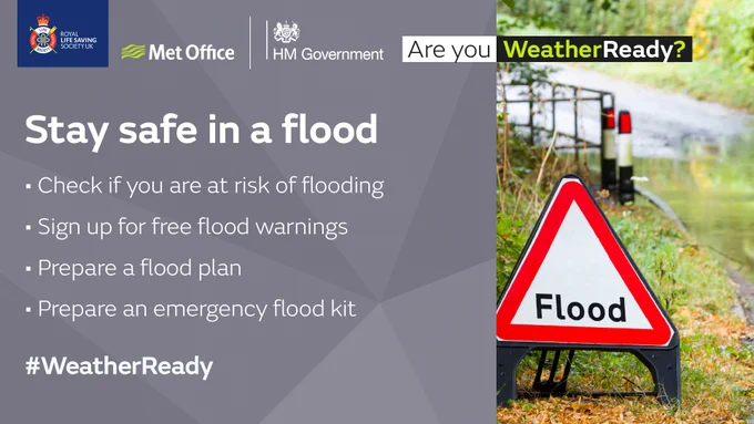 The image features a safety advisory from the Met Office, HM Government, and the Royal Life Saving Society UK with a focus on flood preparedness. It includes a "Flood" warning sign near a waterlogged road. The text advises checking flood risk, signing up for warnings, preparing a flood plan, and assembling an emergency kit. The hashtag #WeatherReady is included.