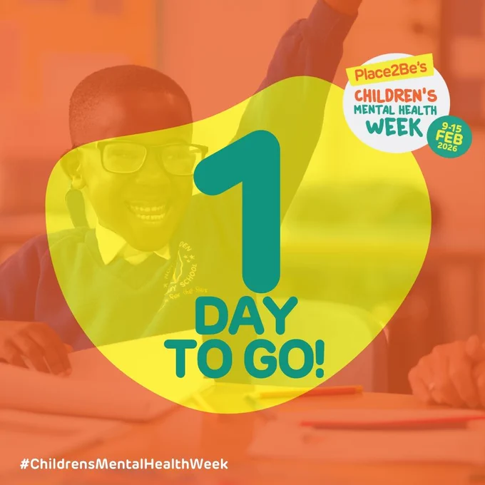 Overlayed text '1 Day to Go!' with the logo 'Place2Be's Children's Mental Health Week' over a photo of a child raising his hand.