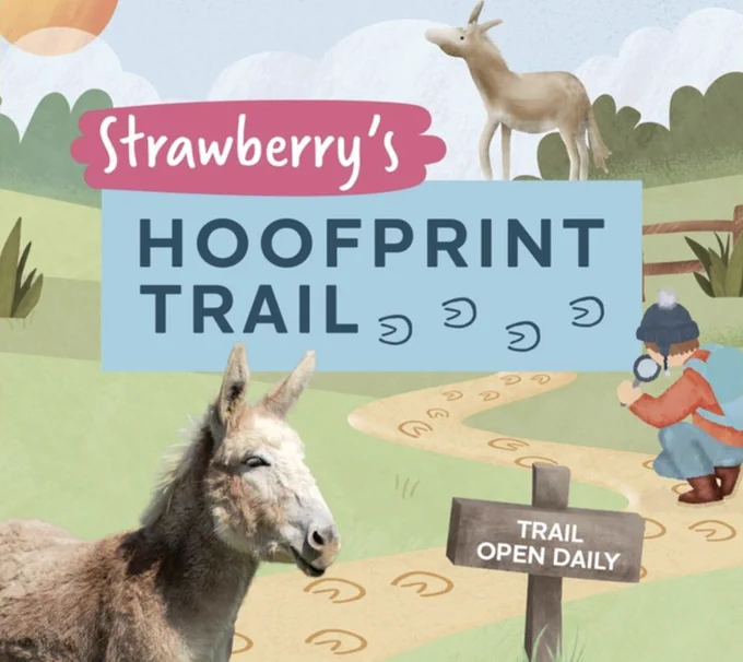 Illustrated donkey and child with a magnifying glass on a hoofprint trail. Sign reads "Strawberry's Hoofprint Trail." Sunny countryside background.