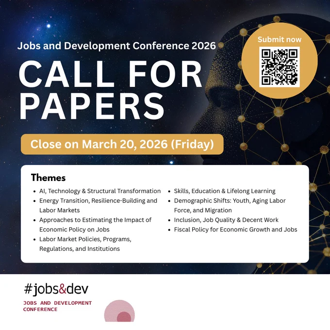 Graphic announcing the Jobs and Development Conference 2026, featuring a call for papers with submission details and themes.