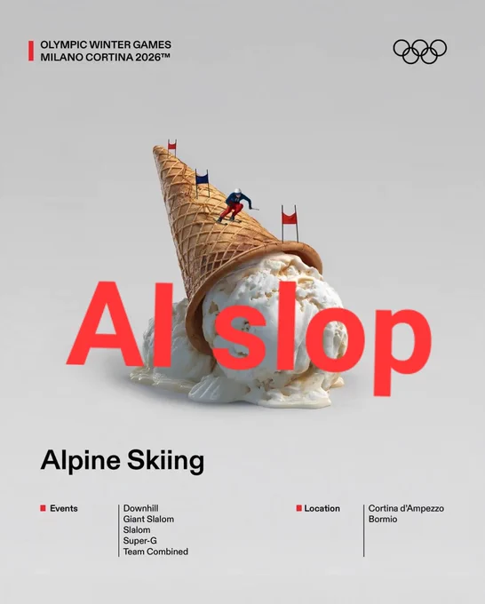 Ai image og a topped over ice cream cone with an Olympic slalom track on