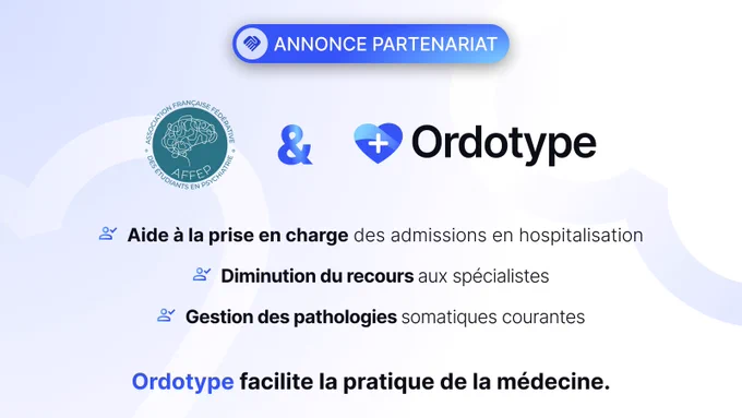 On s’engage.
Avec le partenariat AFFEP x Ordotype, on vous donne les moyens d’agir pour une médecine globale, sans clivage entre somatique et psychique. Car, sur le terrain, nous sommes trop souvent le seul contact médical régulier de nos patients atteints de troubles psychiques. Et, nous le savons, les personnes vivant avec des troubles mentaux sévères meurent 10 à 20 ans plus tôt (OMS), souvent à cause de pathologies somatiques évitables.
Accède donc gratuitement à des milliers de documents utiles pour les soins de premiers recours pour vous aider à prendre en charge vos patients :
Lis l’article complet sur https://www.affep.fr/ordotype/
Accès Ordotype gratuit : check tes mails (et spams). Nouvel·le adhérent·e : lien d’inscription dans le mail de confirmation HelloAsso.
