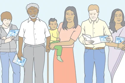 Illustration of a group of people holding the guide to healthcare, standing together against a light blue background.