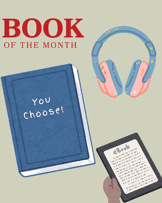 image: book of the month in red text on sage colored background. other images: blue book with title “you choose”, pink and blue headphones, brown hand holding an e-reader