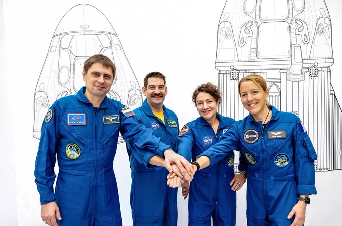 The four members of NASA's SpaceX Crew-12 mission to the International Space Station pose together for a crew portrait in their blue flight suits at SpaceX headquarters in Hawthorne, California. From left are, Roscosmos cosmonaut and Mission Specialist Andrey Fedyaev, NASA astronauts Jack Hathaway and Jessica Meir, Pilot and Commander respectively, and ESA (European Space Agency) astronaut and Mission Specialist Sophie Adenot. Credit: SpaceX