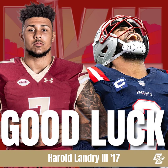 Two football player photos are featured. One wears a maroon and gold jersey, while the other wears a blue, red, and white New England Patriots uniform. The background has the text "GOOD LUCK" and "Harold Landry III '17" is written below.
