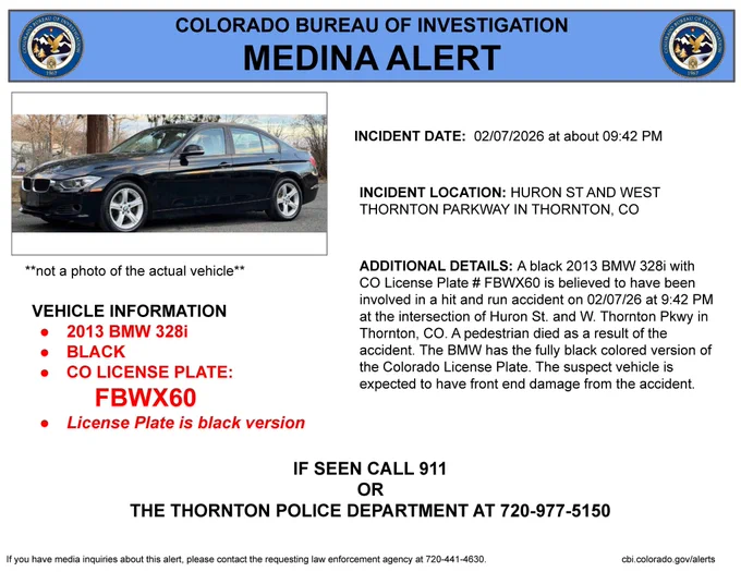 CBI Medina Alert showing stock photo of a black 2013 BMW 328i