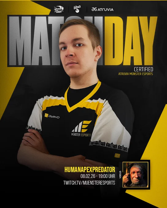 Announcement graphic featuring a picture of our ADC Certified, the match info from the post including the HAP team logo and our sponsors Liba, LanCampus and Atruvia.