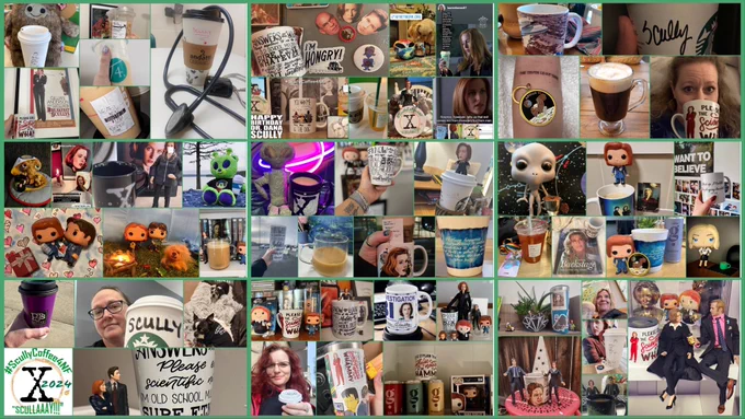 Collage of coffee cups, X-Files, and Gillian Anderson items from 2024 Scully Coffee 4NF
